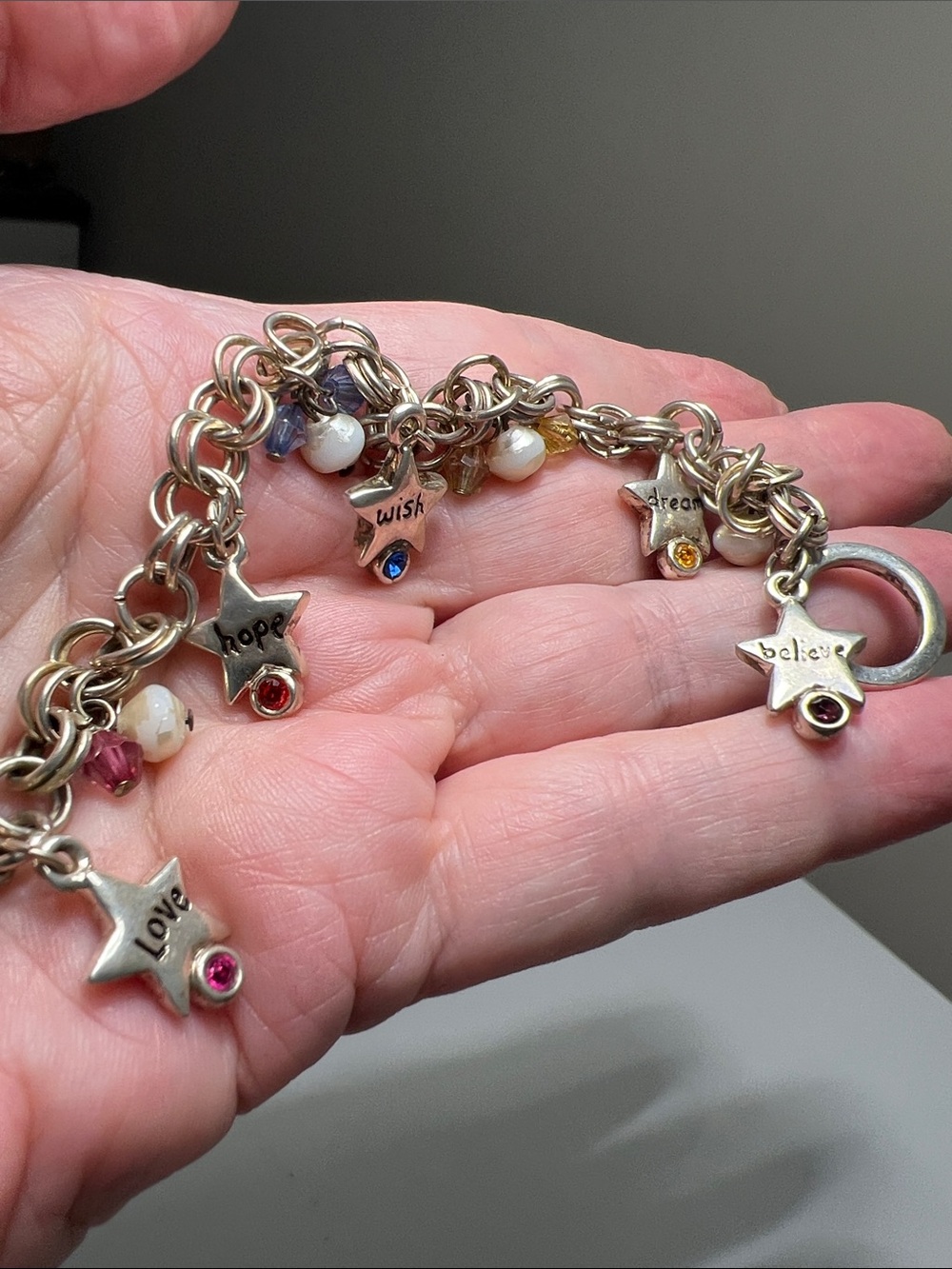 Silver-Tone Star Charm and Pearl Dangle Bracelet - Silver - Vintage